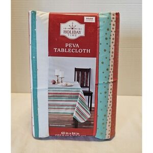 Holiday Time Striped Gold Dots Rectangle Vinyl Peva Tablecloth  60x84 NIP